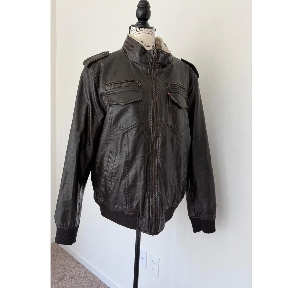 Levis Mens Faux Leather Sherpa Lined Bomber Jacket‎ Dark Brown Military Large